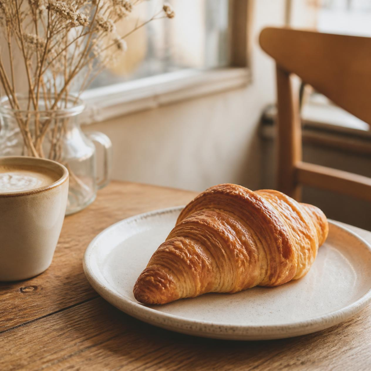 A croissant on a plate beside a cup of coffee