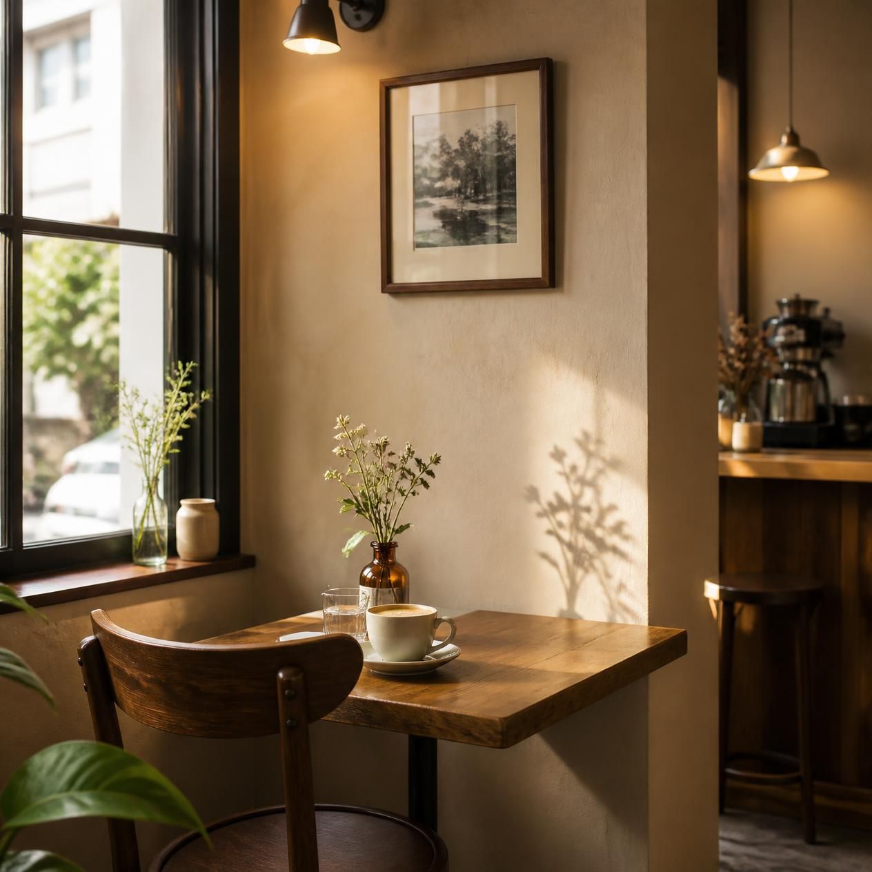 A quiet window seat with a coffee on the table