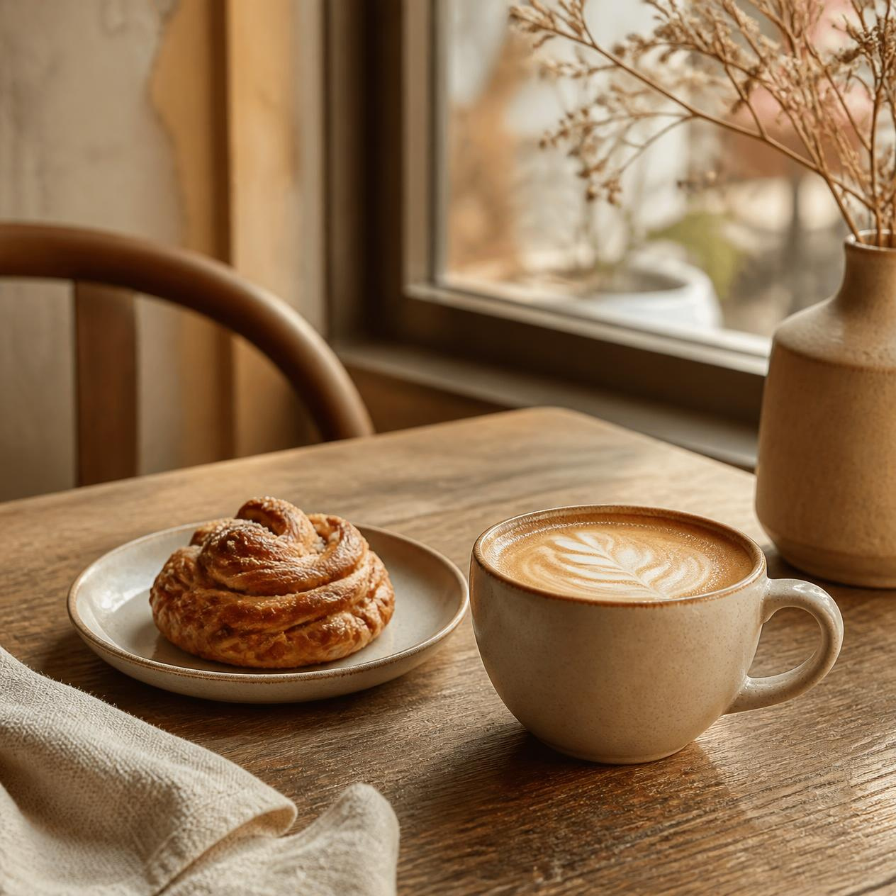 A latte and a warm pastry on a wooden table by the window